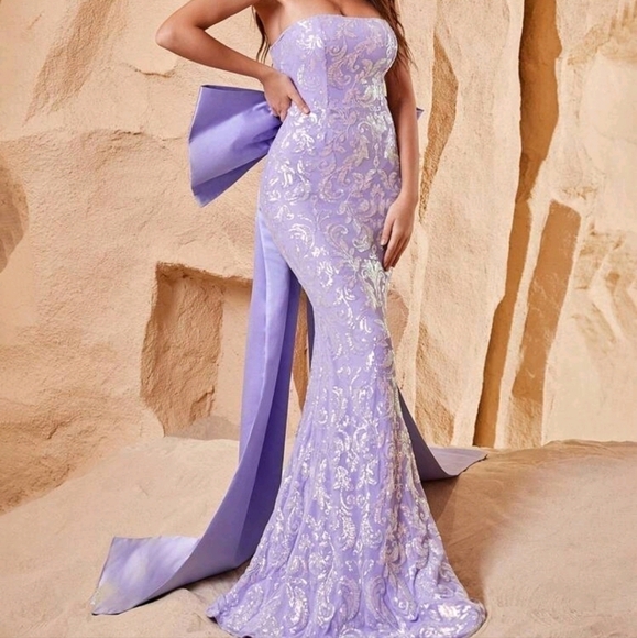 Lilac Purple, , Strapless, Big Bow, Contrast Sequined Mermaid Maxi Gown - Picture 8 of 10